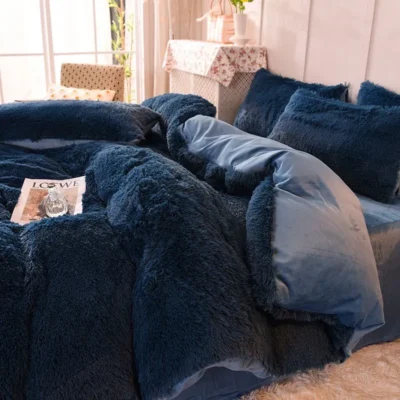 Navy Blue Shaggy Bedset