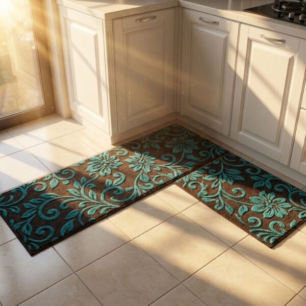 Brown Base with Blue Leaves Anti Slip 2  Piece Runner & Mat (Large) - Image 3