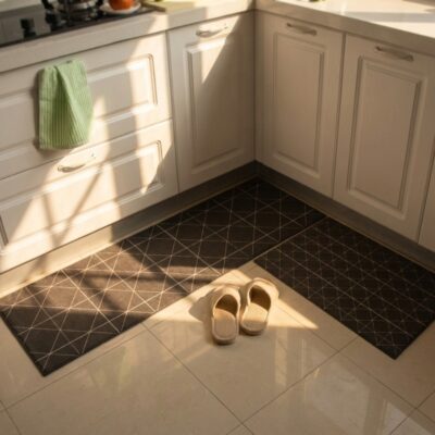 Black Tiles Anti Slip  2 Piece Runner & Mat
