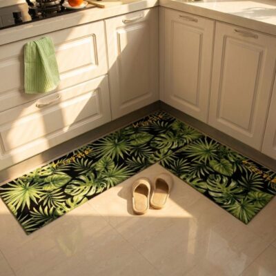 Green Leaves on Black Base  2 Piece  Runner & Mat